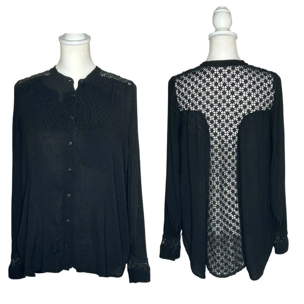 Free People The Best Blouse in Black Sz XS Crochet Lace Panel Boho Whimsigoth